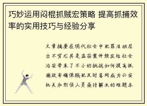 巧妙运用闷棍抓贼宏策略 提高抓捕效率的实用技巧与经验分享